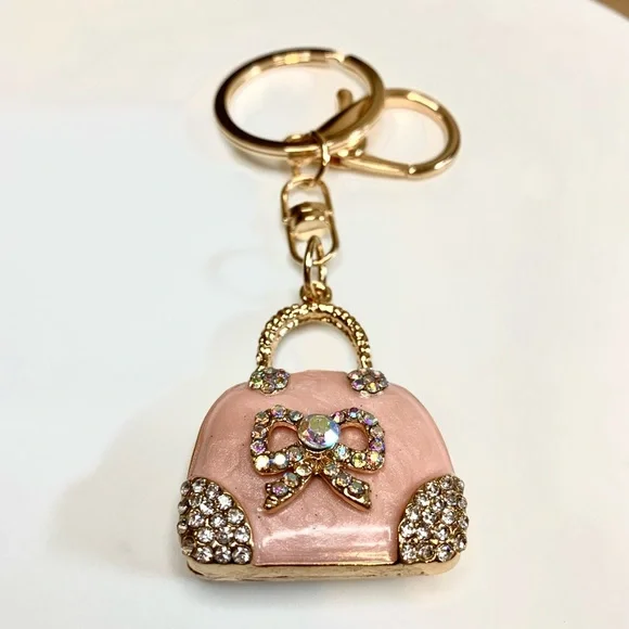 Rhinestone Bling Pink Purse Gold Tone Handbag Key Chain - Picture 4 of 7